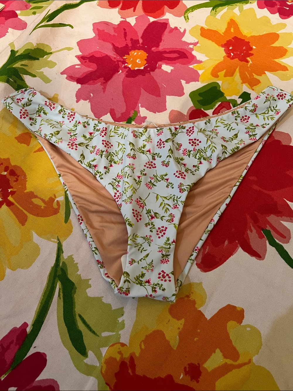 aerie White Floral Bikini Bottoms with Pink and Green Accents